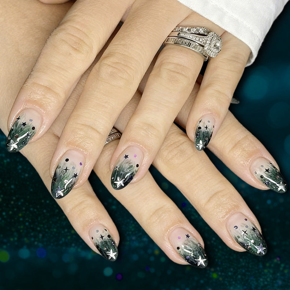 Celestial Dream Medium Almond Green Ombre Nail Set with Star Accents
