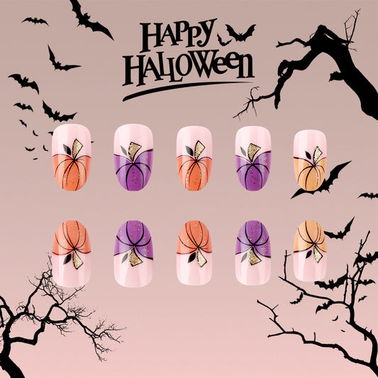 Spooky Oval Short Press on Nail Set with Festive Pumpkin Design