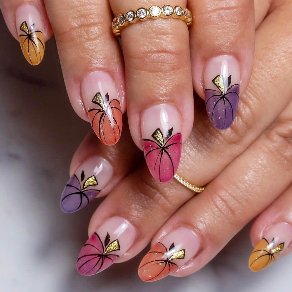 Autumn Blossom Medium Almond Gradient Colors with Unique Pumpkin Designs Press on Nail Set