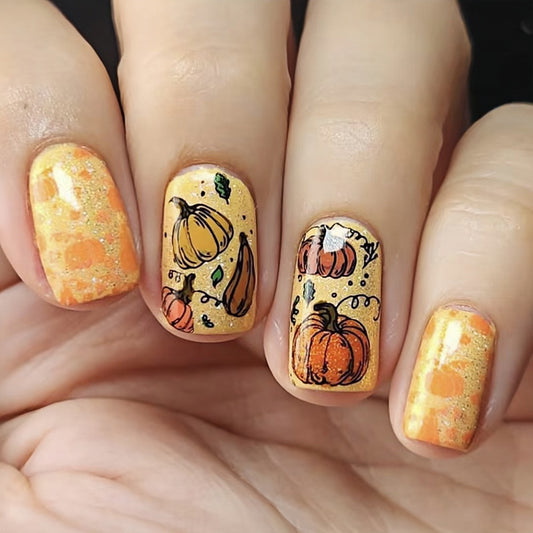Autumn Harvest Medium Square Yellow Press On Nail Set with Pumpkin Designs