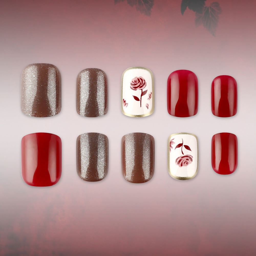Elegant Autumn Vibes Short Square Deep Red with Floral Accent Press on Nail Set