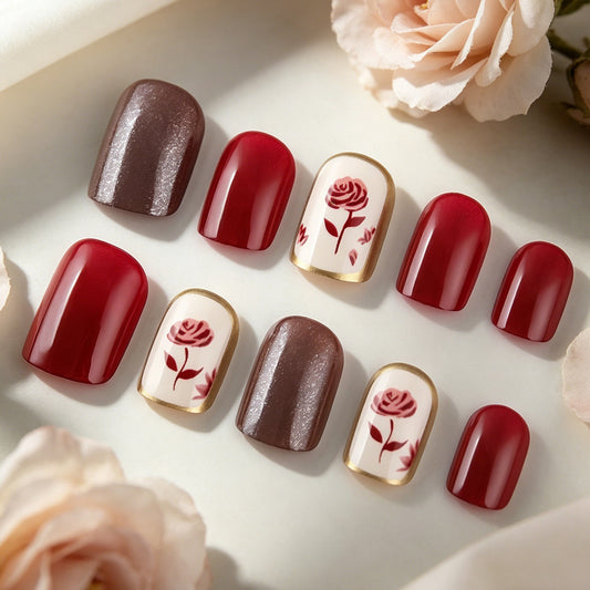 Romantic Floral Press On Nail Set with Short Square Deep Red and Elegant Rose Design