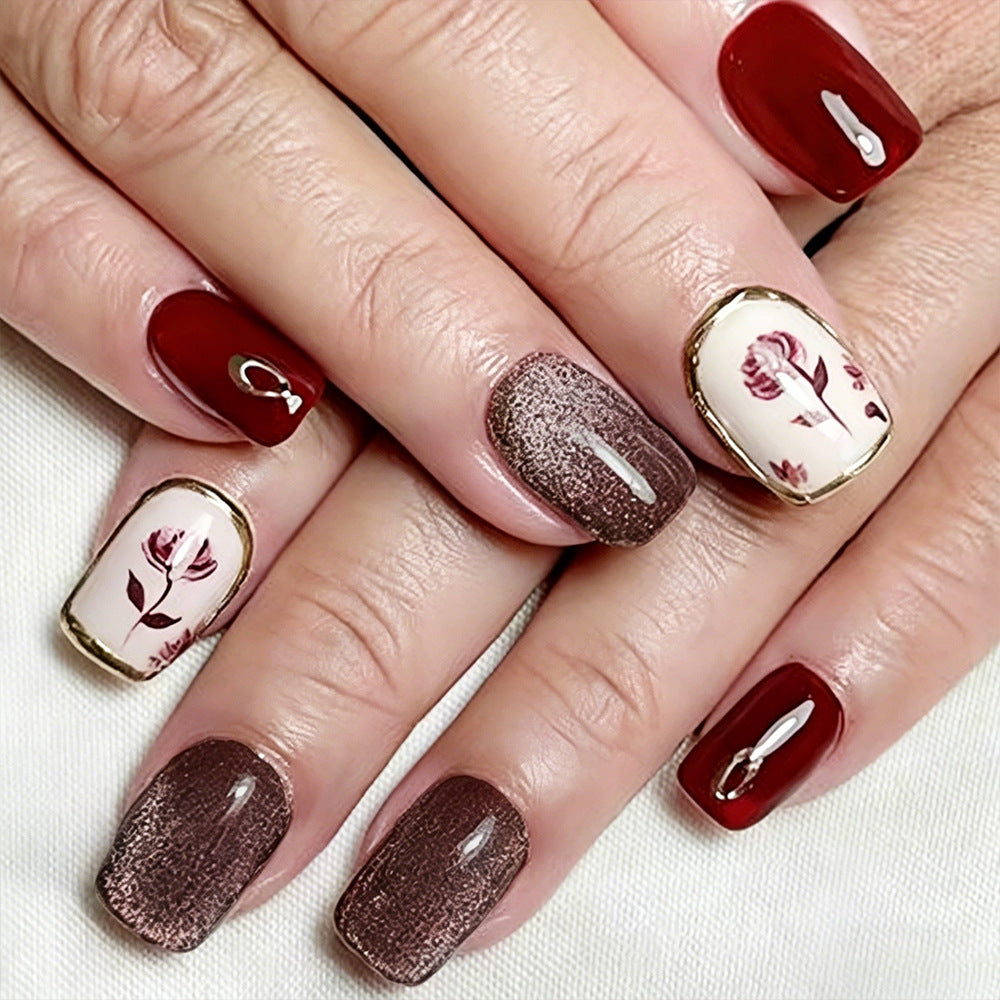 Blooms of Elegance Short Square Burgundy with Floral Accents Press On Nail Set