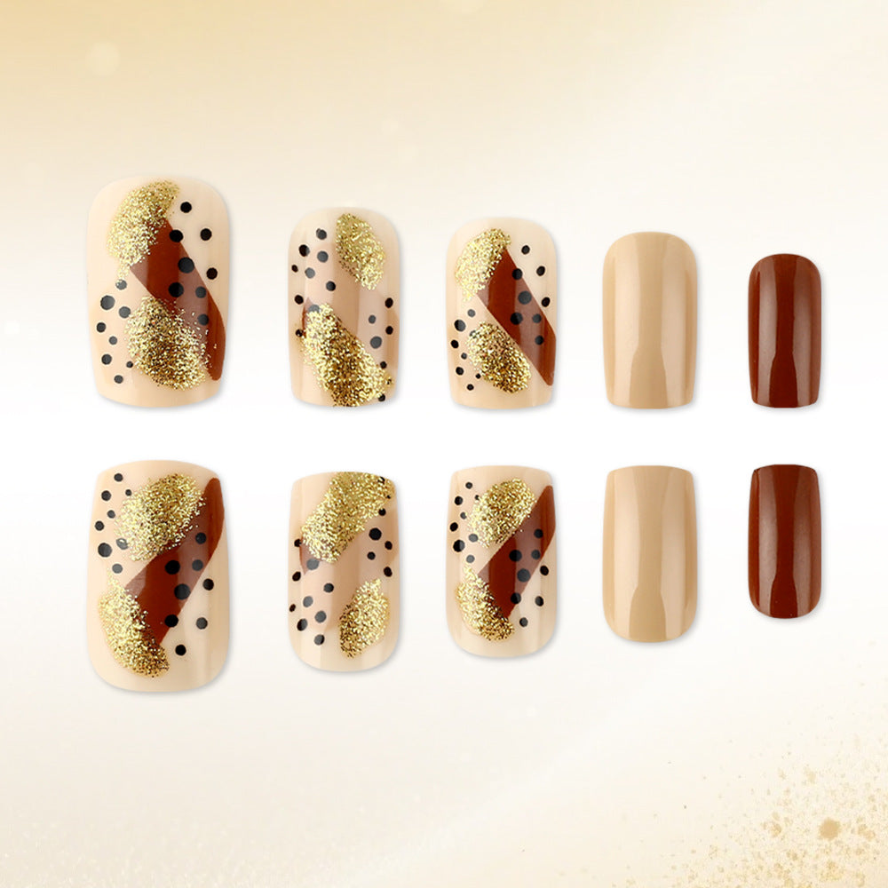Glamorous Golden Delight Short Square Beige and Brown Nail Set with Glitter Accents