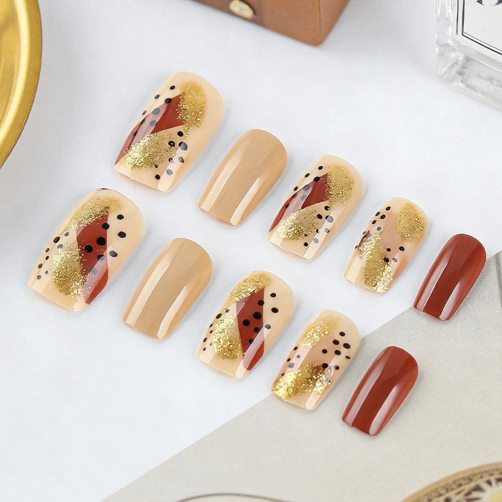 Elegant Autumn Vibes Short Square Beige and Gold Glitter Press on Nail Set
