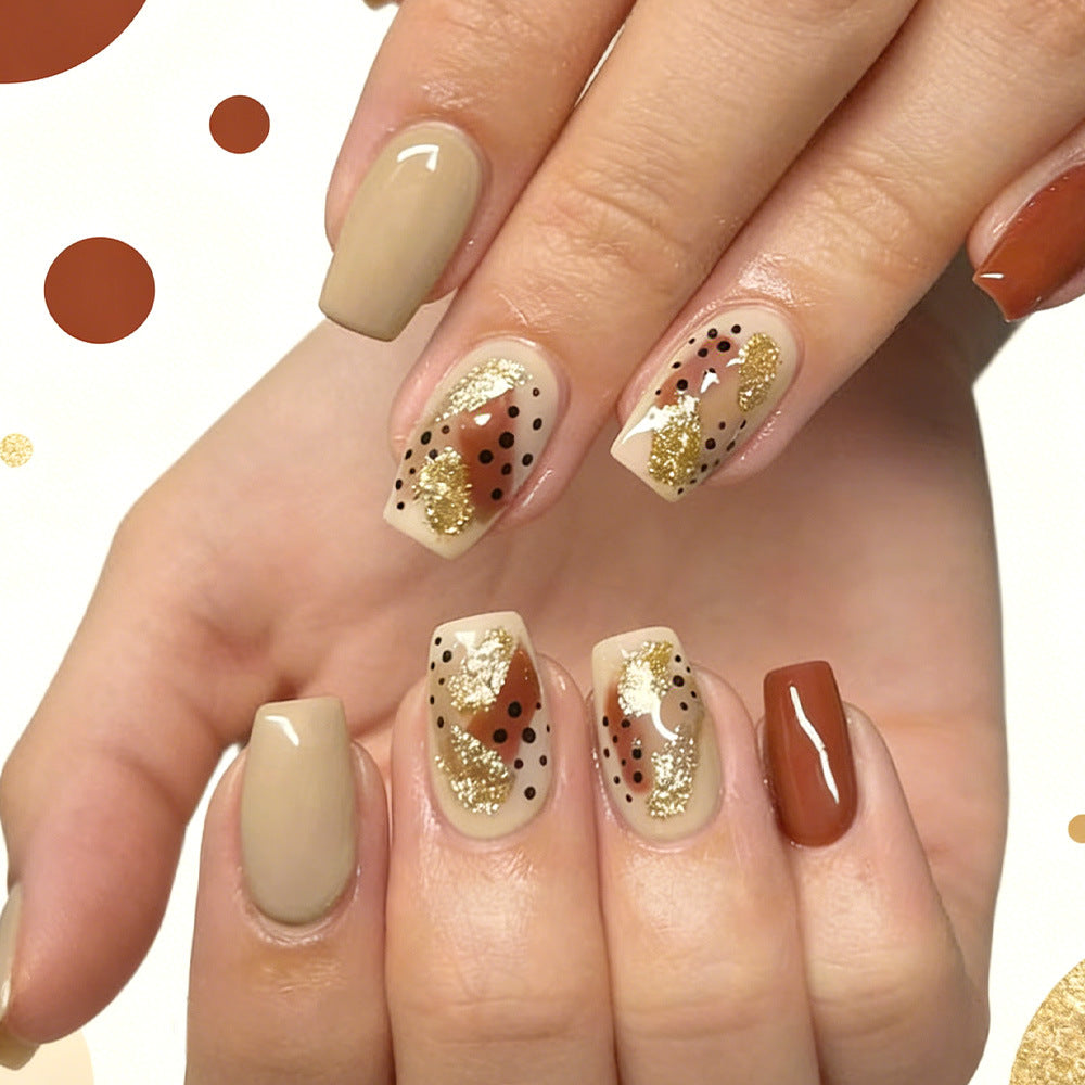 Autumn Glam Short Square Beige with Gold Glitter Design Press On Nail Set