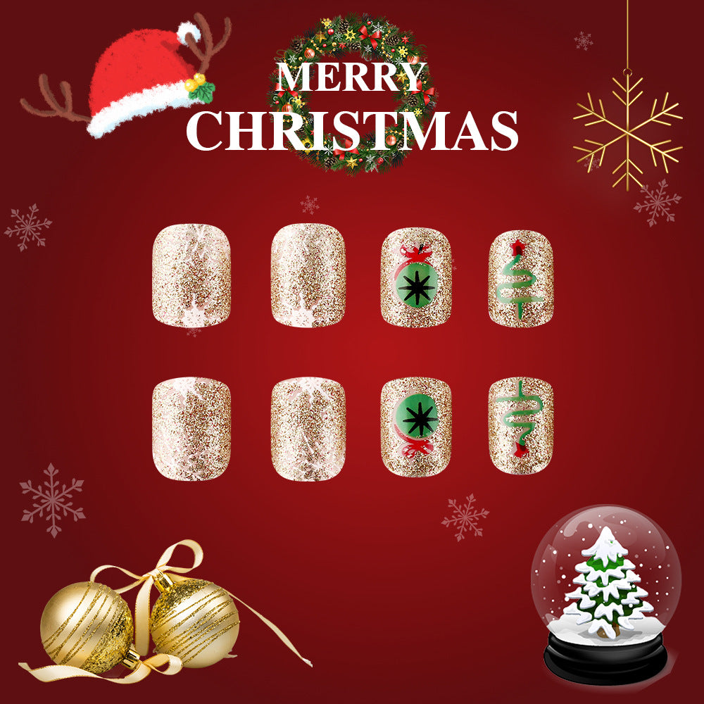 Decorative Christmas-themed nail art designs on a red background with festive elements.