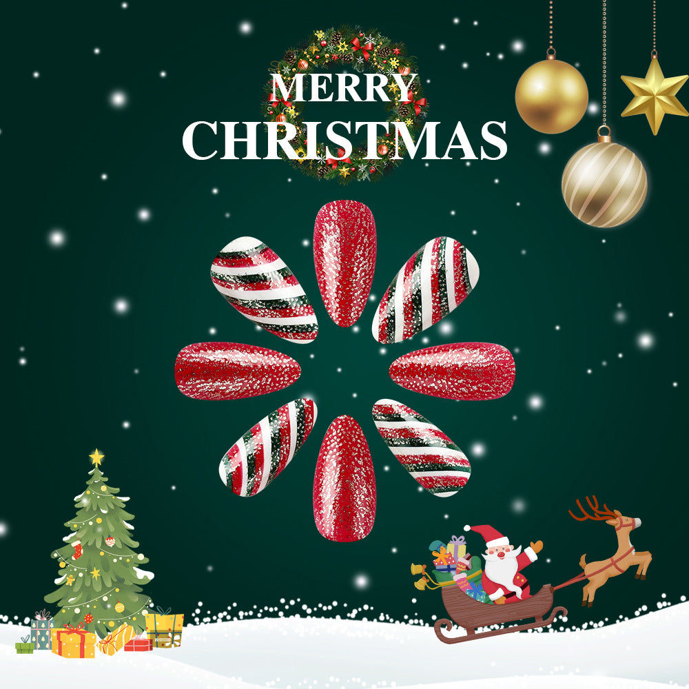 Festive Glamour Medium Almond Red and Glittery with Striped Accent Press-On Nail Set