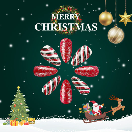 Festive Glamour Medium Almond Red and Glittery with Striped Accent Press-On Nail Set