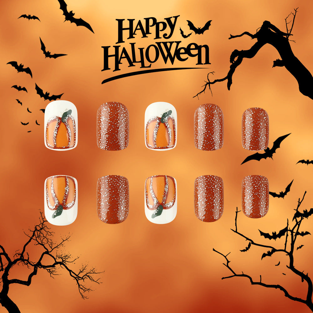 Spooky Halloween Short Square Orange Glitter Pumpkin Press On Nail Set