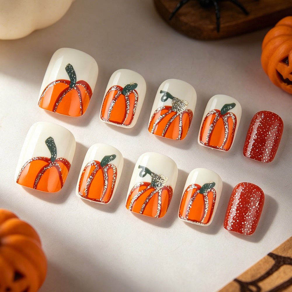 Autumn Harvest Short Square Orange Pumpkin Nail Set with Glitter Accents