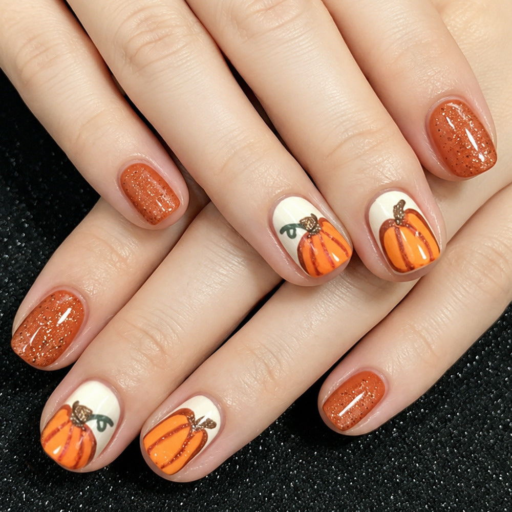 Autumn Vibes Short Square Orange Glittery Press on Nail Set with Pumpkin Design