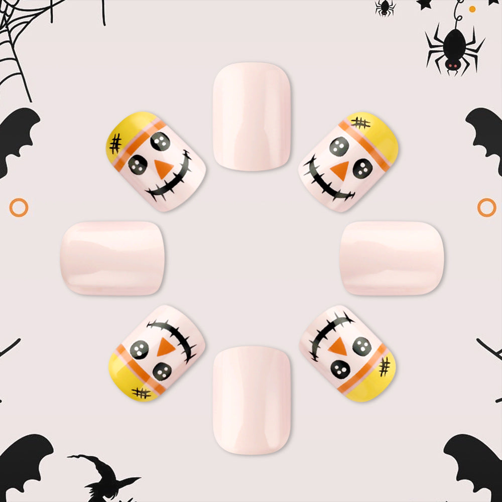 Spooky Halloween Short Square Pastel Press On Nail Set Featuring Whimsical Scarecrow Designs