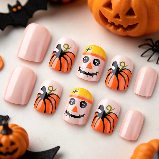 Spooky Halloween Short Square Orange Pumpkin Nail Set with Fun Skull Design