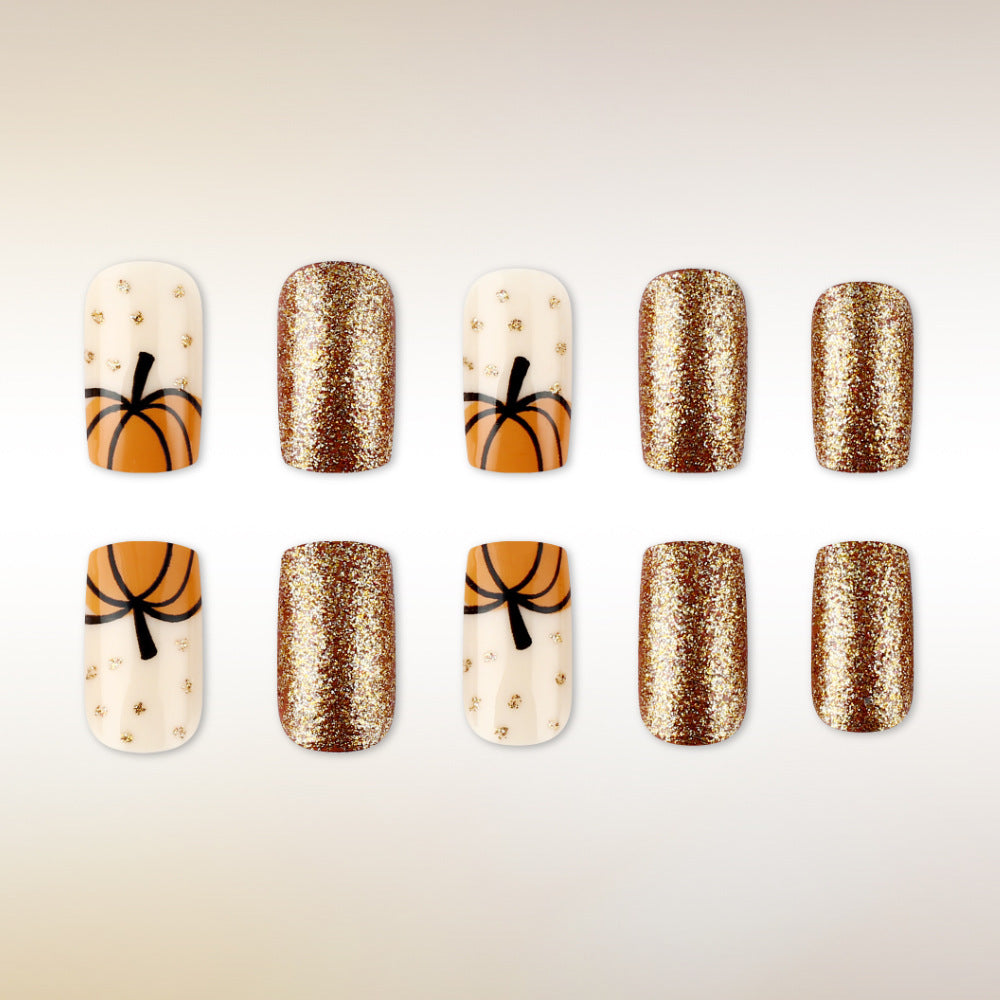 Autumn Harvest Short Square Glitter Press On Nail Set with Pumpkin Design