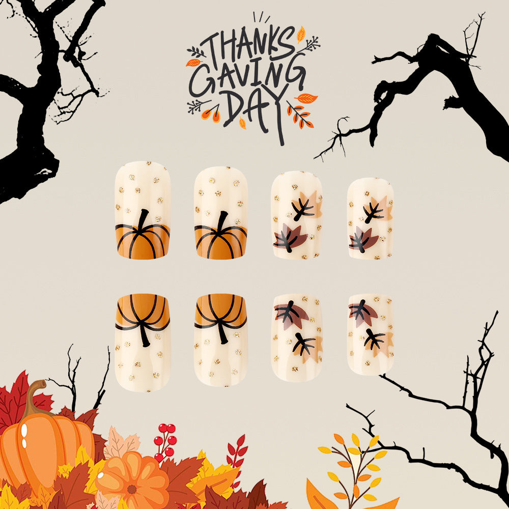 Thanksgiving Pumpkin Spice Round Press On Nail Set Medium Ivory with Autumn Leaf and Pumpkin Designs