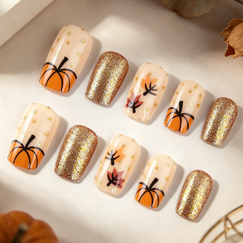 Autumn Vibes Medium Square Beige with Pumpkin Design and Gold Accents Press on Nail Set