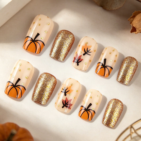 Autumn Vibes Medium Square Beige with Pumpkin Design and Gold Accents Press on Nail Set