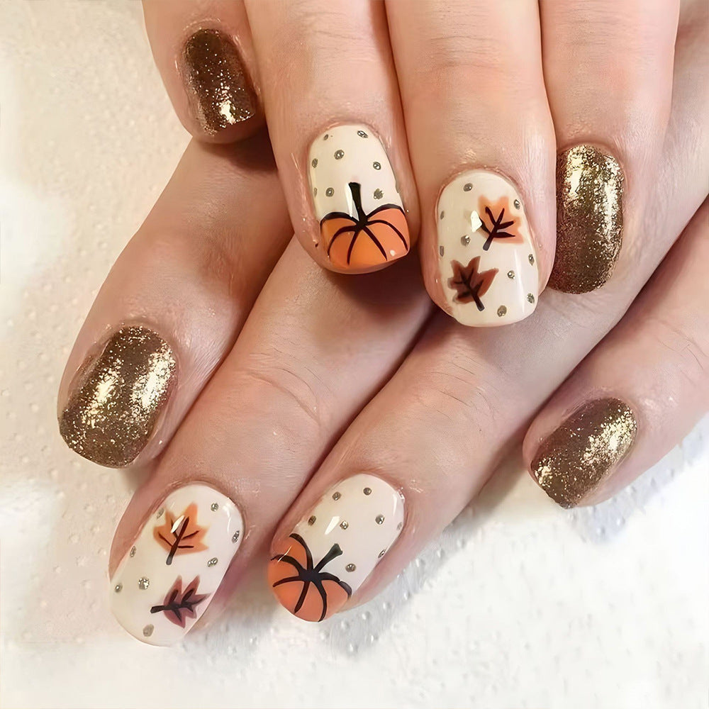 Autumn Delight Medium Square Warm Golden Glitter with Pumpkin and Leaf Design Press On Nail Set
