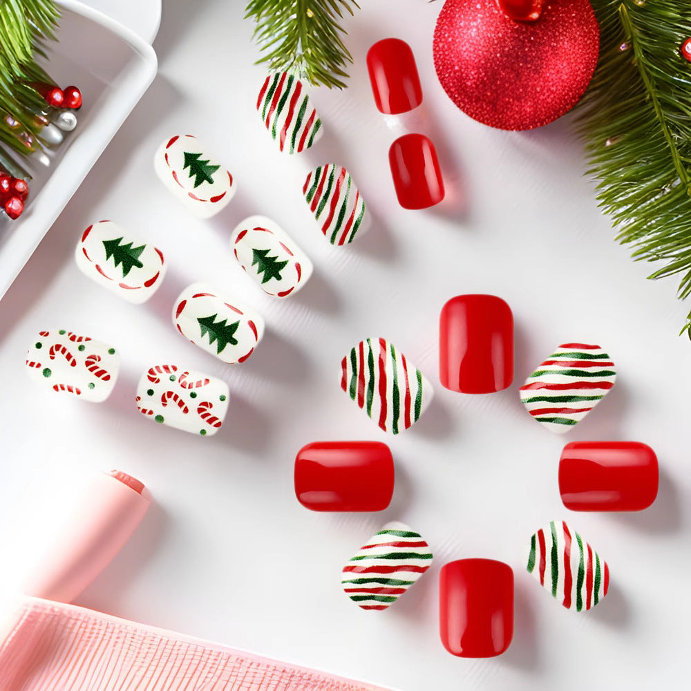 Festive Delight Holiday Red Short Square Press On Nail Set with Unique Candy Cane and Christmas Tree Designs