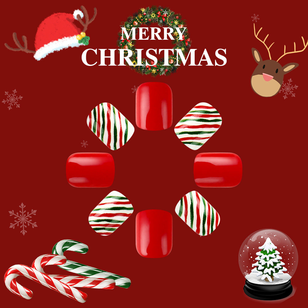 Festive Holiday Cheer Short Square Red and White Striped Press On Nail Set with Glossy Finish