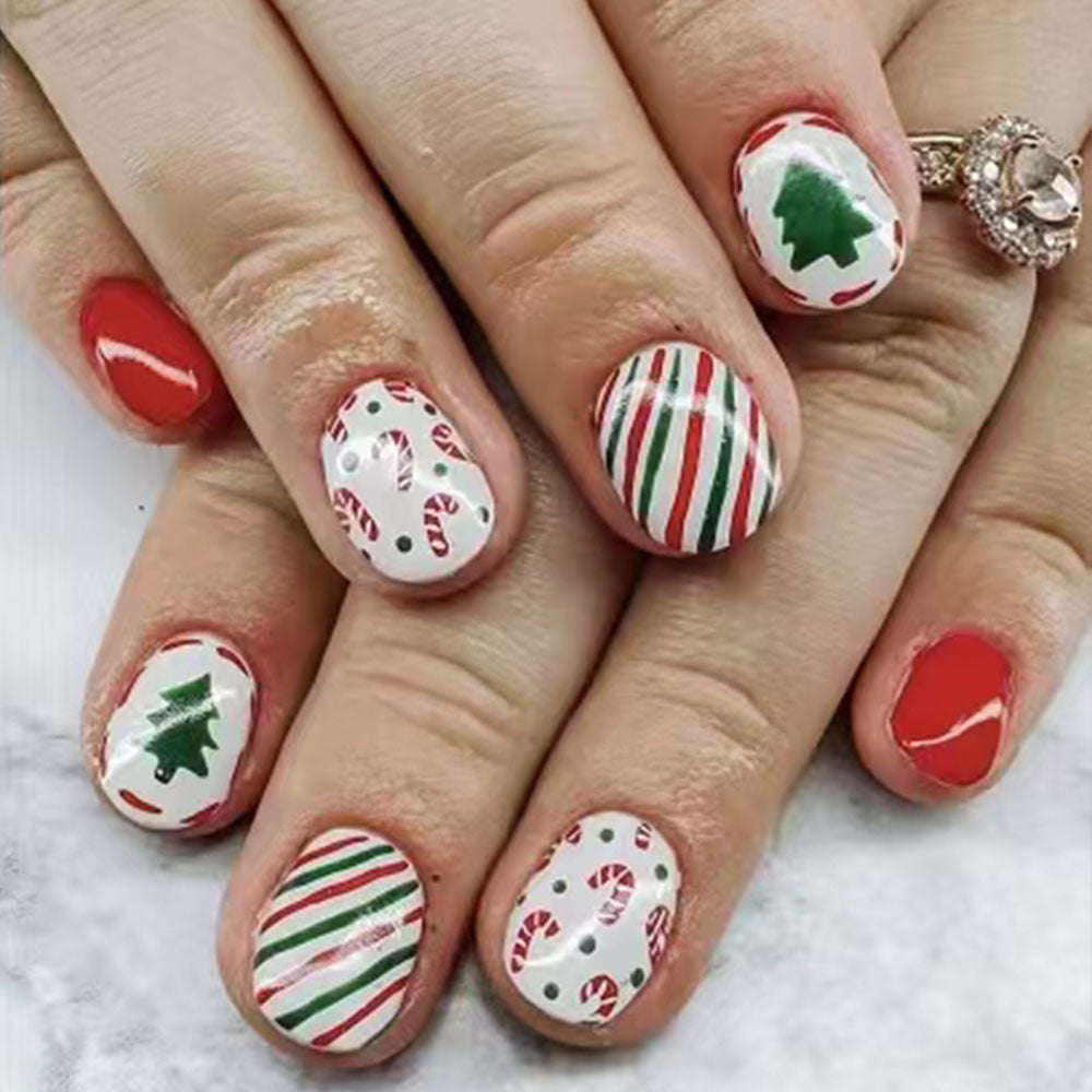 Festive Holiday Glam Oval Red Green and White Candy Cane Press On Medium Nail Set with Christmas Tree Design