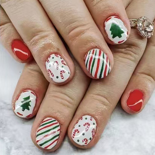 Festive Holiday Glam Oval Red Green and White Candy Cane Press On Medium Nail Set with Christmas Tree Design