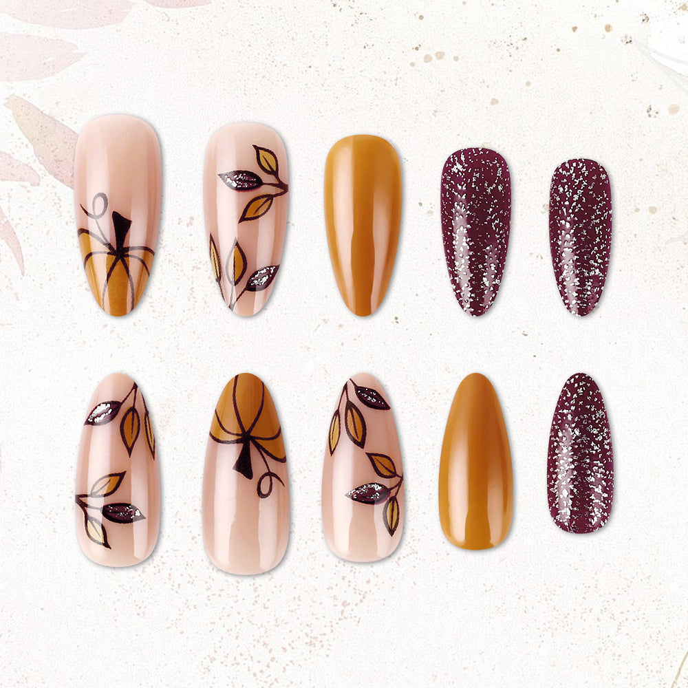 Autumn Elegance Long Almond Tan and Burgundy Glitter Leaf Press On Nail Set