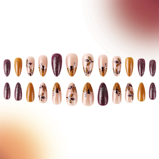Autumn Elegance Long Almond Beige and Burnt Orange Press-On Nail Set with Delicate Leaf Design and Sparkling Accents