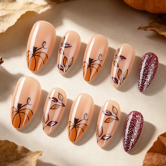 Autumn Charm Long Almond Beige with Pumpkin Design Press On Nail Set