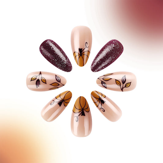 Autumn Whimsy Long Almond Burgundy and Soft Pink with Autumn Leaf Designs Press-On Nail Set