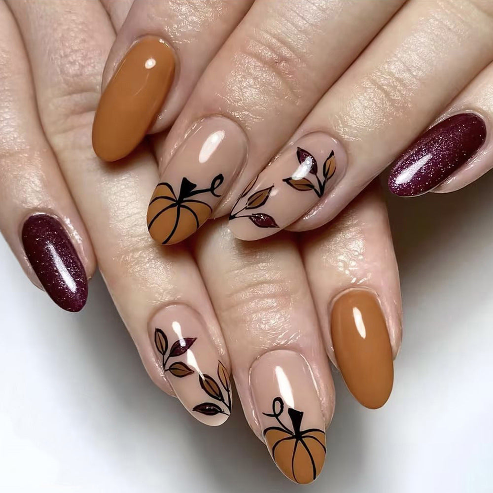 Autumn Elegance Long Almond Brown Orange and Dark Red with Pumpkin and Leaf Design Press On Nail Set