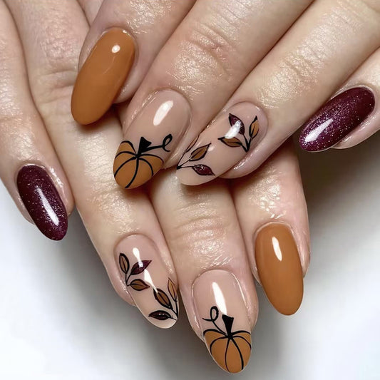 Autumn Elegance Long Almond Brown Orange and Dark Red with Pumpkin and Leaf Design Press On Nail Set