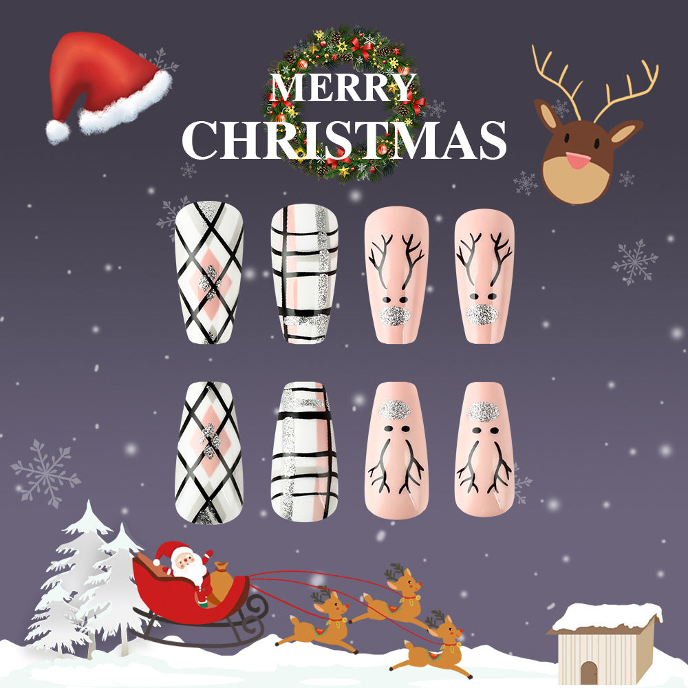 Christmas-themed nail art designs with Santa Claus, reindeer, and snowflakes on a dark blue background.