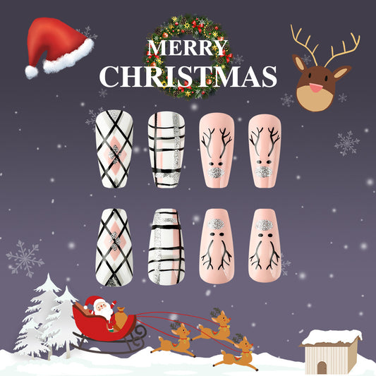 Christmas-themed nail art designs with Santa Claus, reindeer, and snowflakes on a dark blue background.
