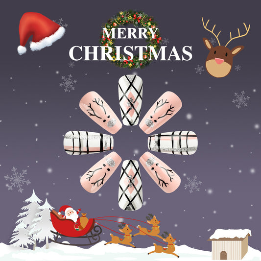 Christmas Magic Long Coffin Pink and White Press On Nail Set with Glittering Reindeer Design