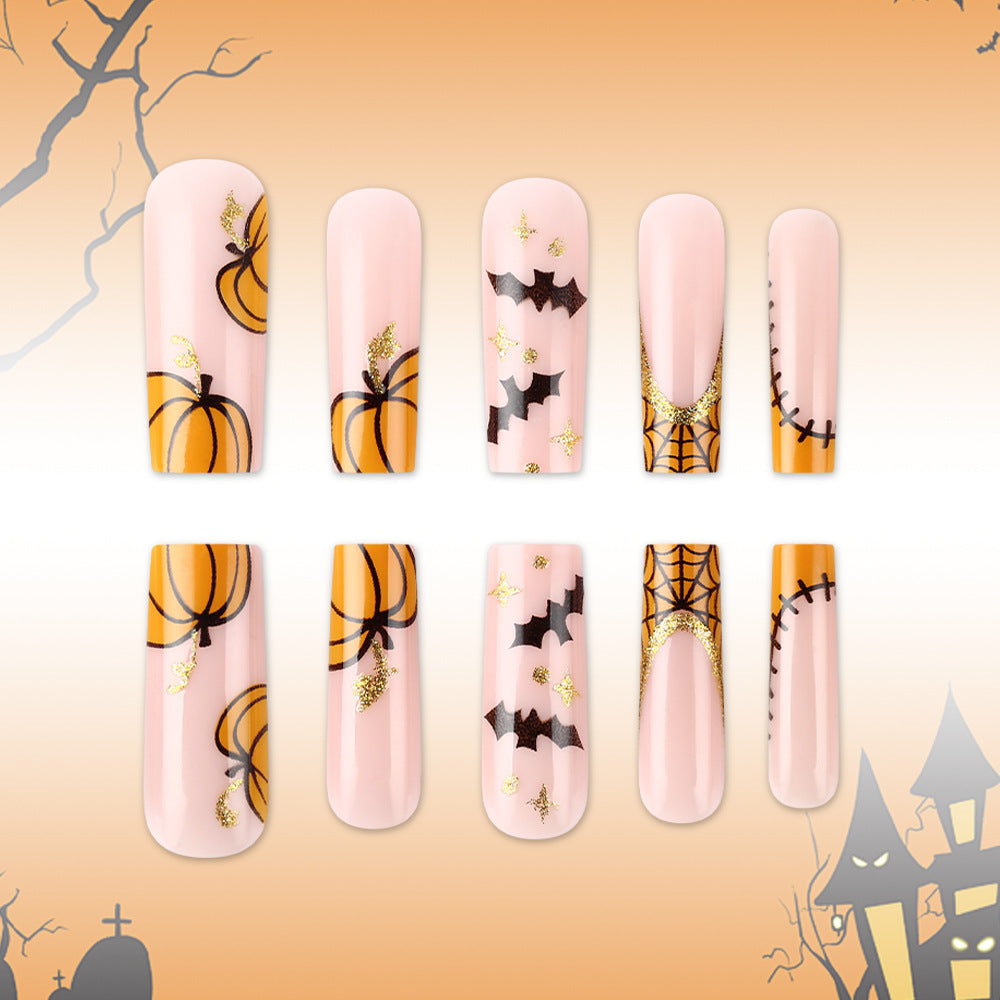 Halloween Glam Long Square Orange Pumpkin Design Press On Nail Set