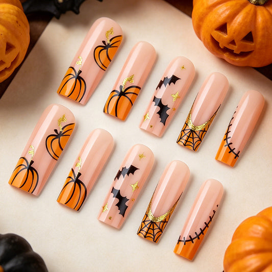 Spooky Halloween Long Square Orange with Pumpkin and Bat Design Press-On Nail Set
