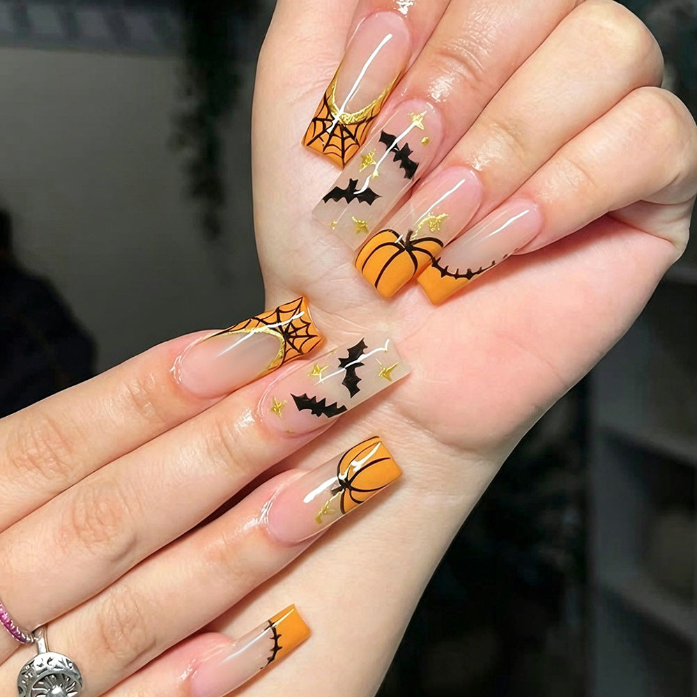 Halloween Inspired Long Square Orange Press On Nail Set with Unique Spider and Pumpkin Designs