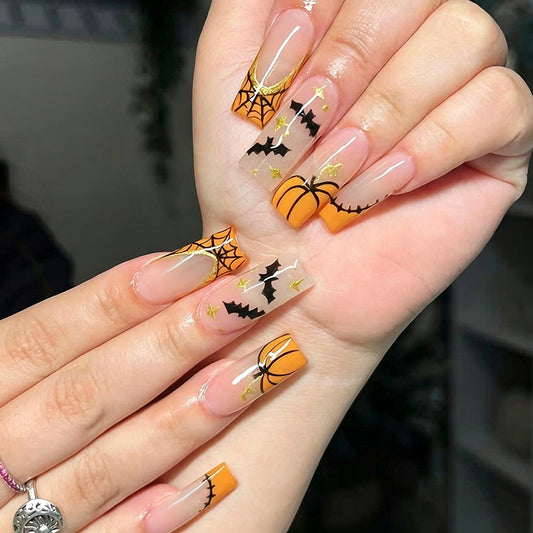 Halloween Inspired Long Square Orange Press On Nail Set with Unique Spider and Pumpkin Designs