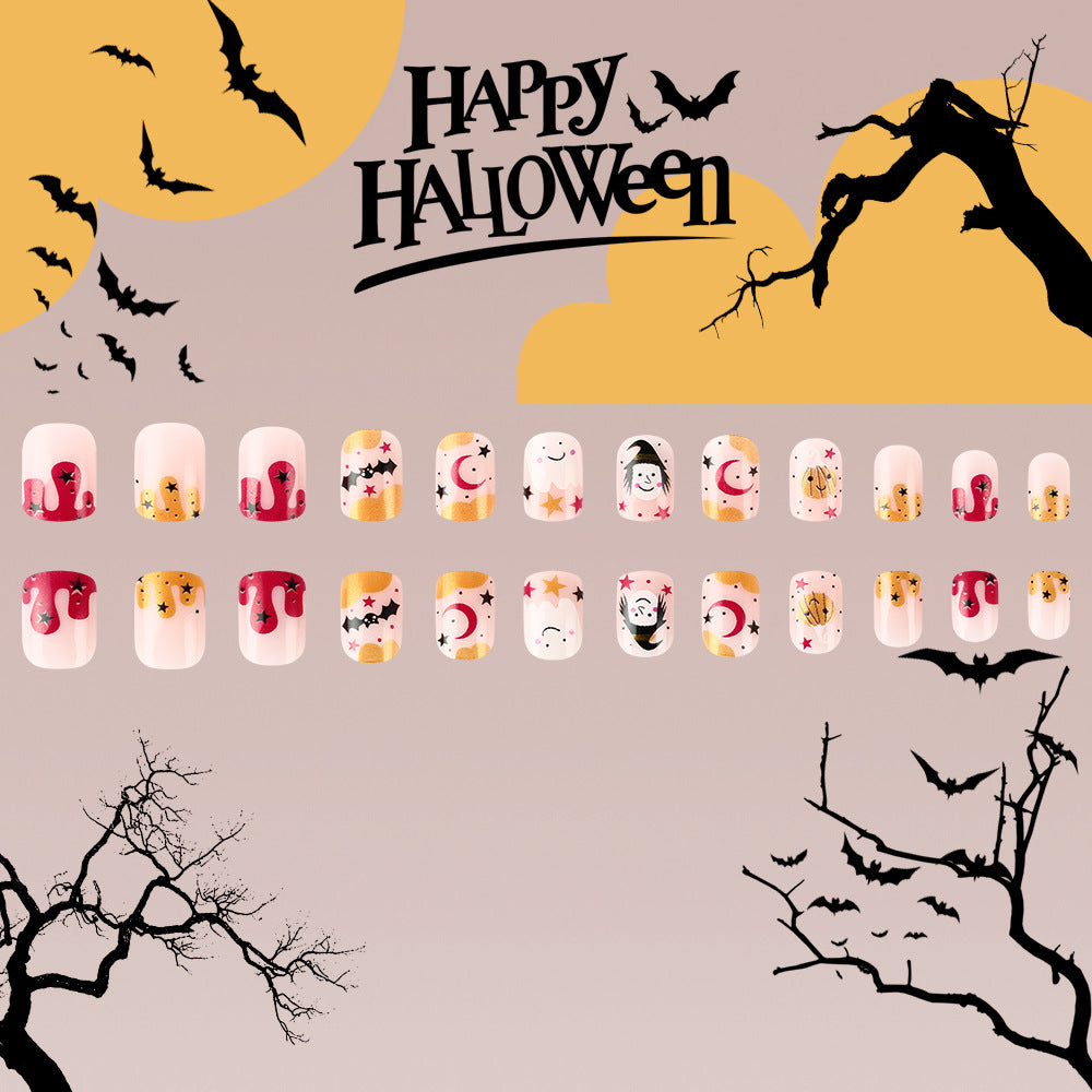 Spooky Halloween Medium Square Pink and Burgundy Press On Nail Set with Unique Glitter and Character Designs