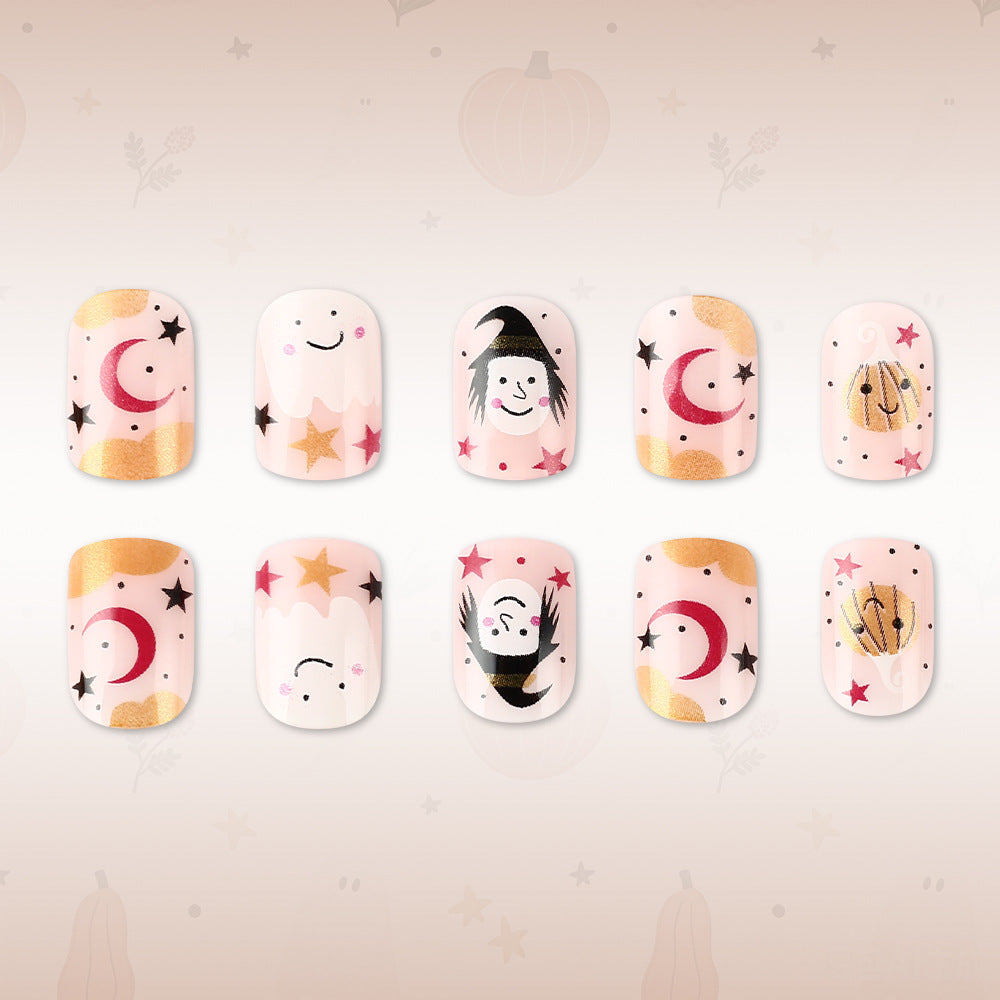 Whimsical Moonlit Short Square Pink Press On Nail Set with Fun Halloween Designs
