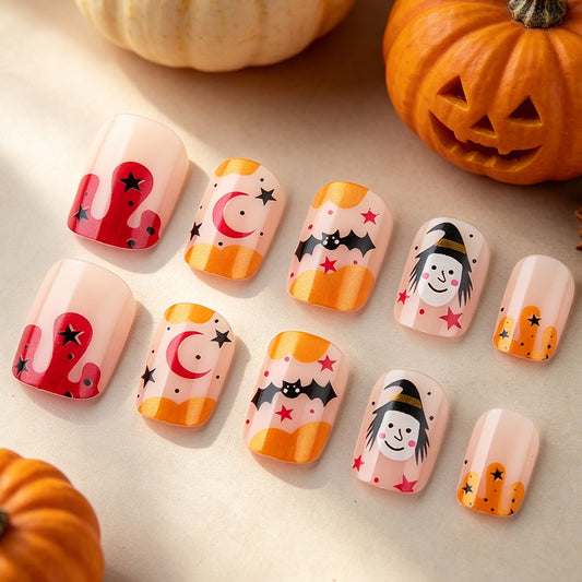 Spooktacular Short Square Orange and Pink Halloween Nail Press Set with Unique Interactive Designs