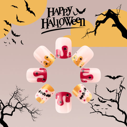 Spooky Halloween Press-On Nail Set Medium Square Shape Pink and Red with Glittery Star Detail