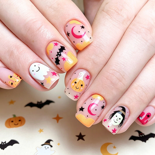 Spooky Halloween Short Square Pumpkin Nail Set with Fun Ghost and Bat Design