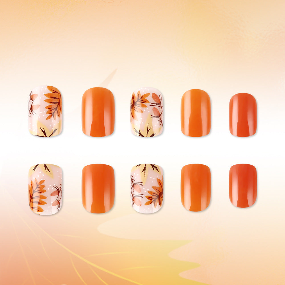Autumn Vibes Short Square Orange Press On Nail Set with Floral Design