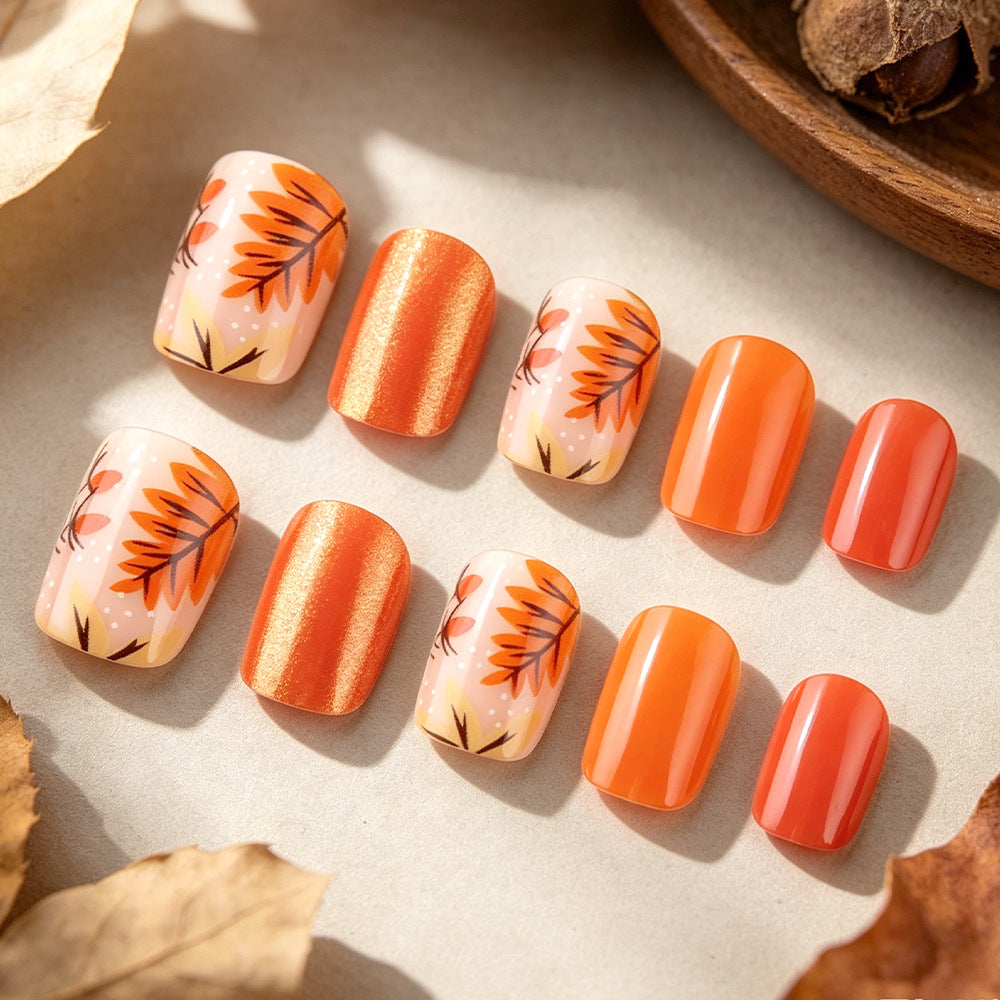 Autumn Bliss Short Square Orange with Floral Design Press On Nail Set