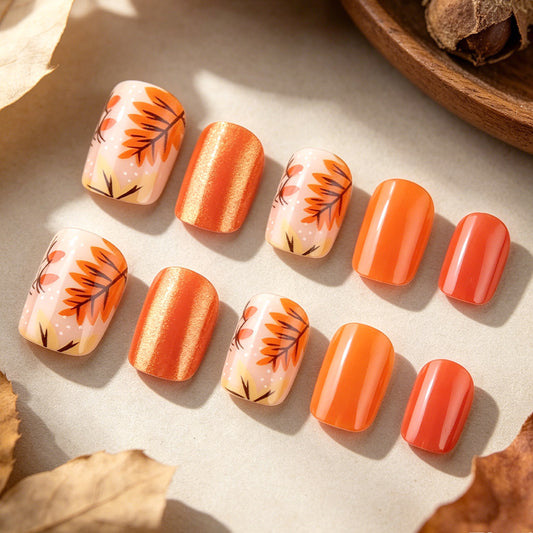Autumn Bliss Short Square Orange with Floral Design Press On Nail Set