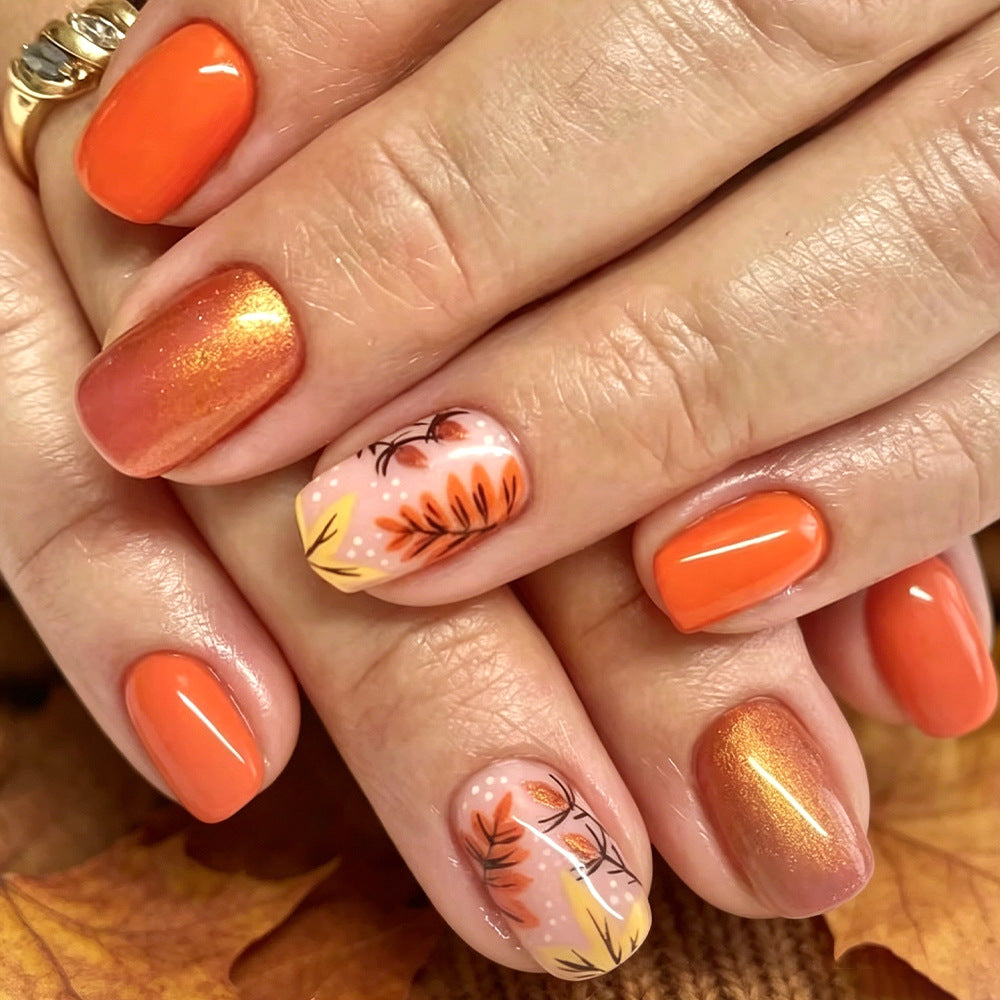 Autumn Vibes Short Square Orange Gradient Floral Press-On Nail Set