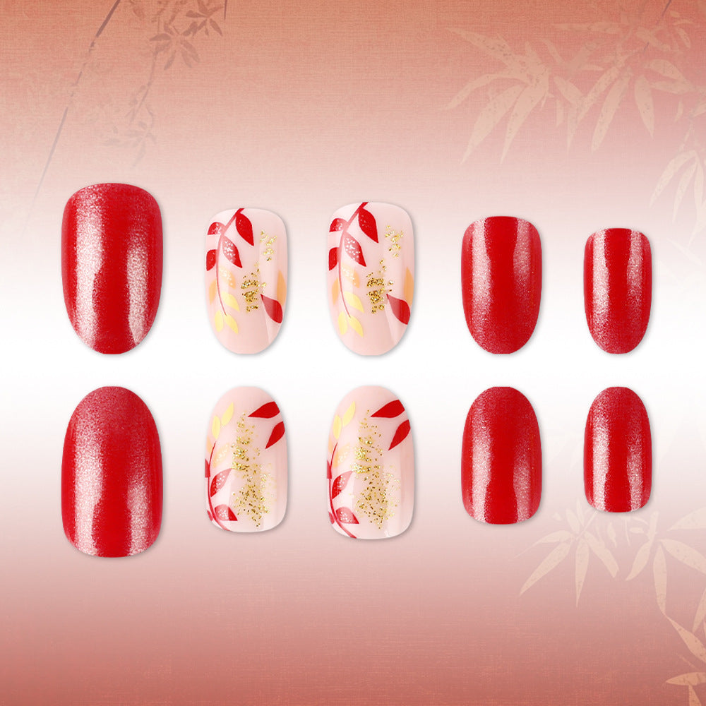 Elegant Autumn Short Oval Red with Floral Glitter Nail Set
